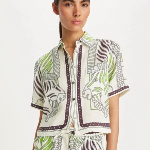 Tory Burch Printed Linen Camp Shirt – Ivory Zebra Scarf (Size Small) | NEW - Picture 2 of 8